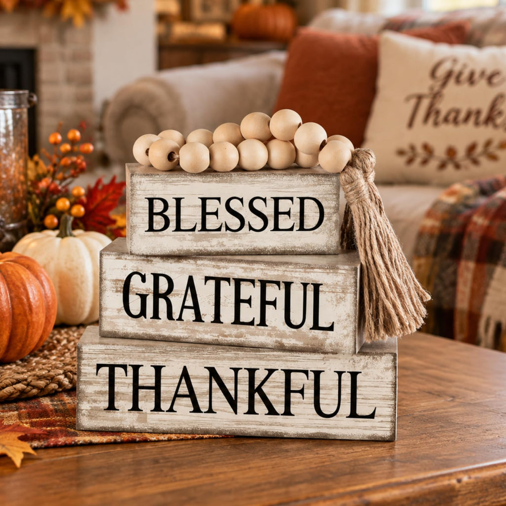 4 Pcs Farmhouse Thanksgiving Table Decor Stacked Wooden Block Sign