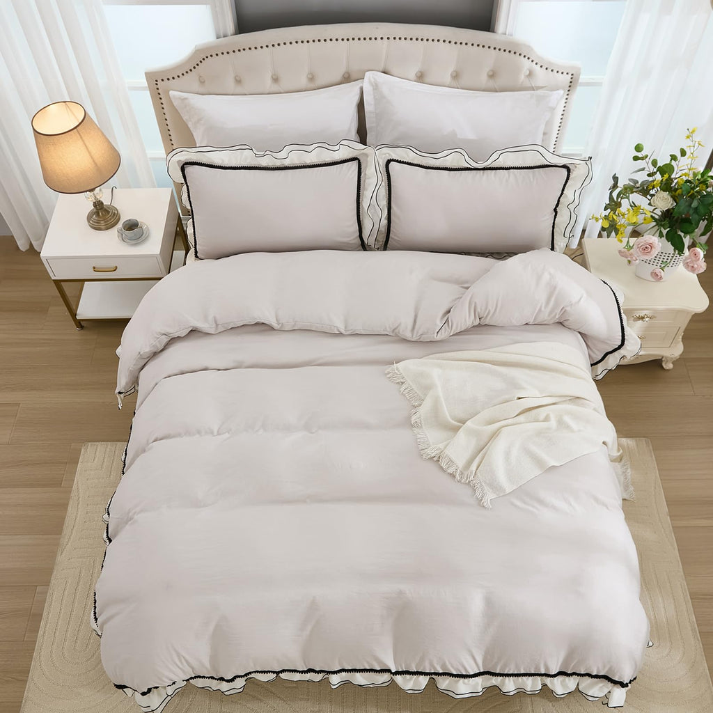 Grey Ruffle Comforter Set King Size, Pompoms Chic French Style Boho Bedding Sets, Fluffy Coquette Comforters Sets for
