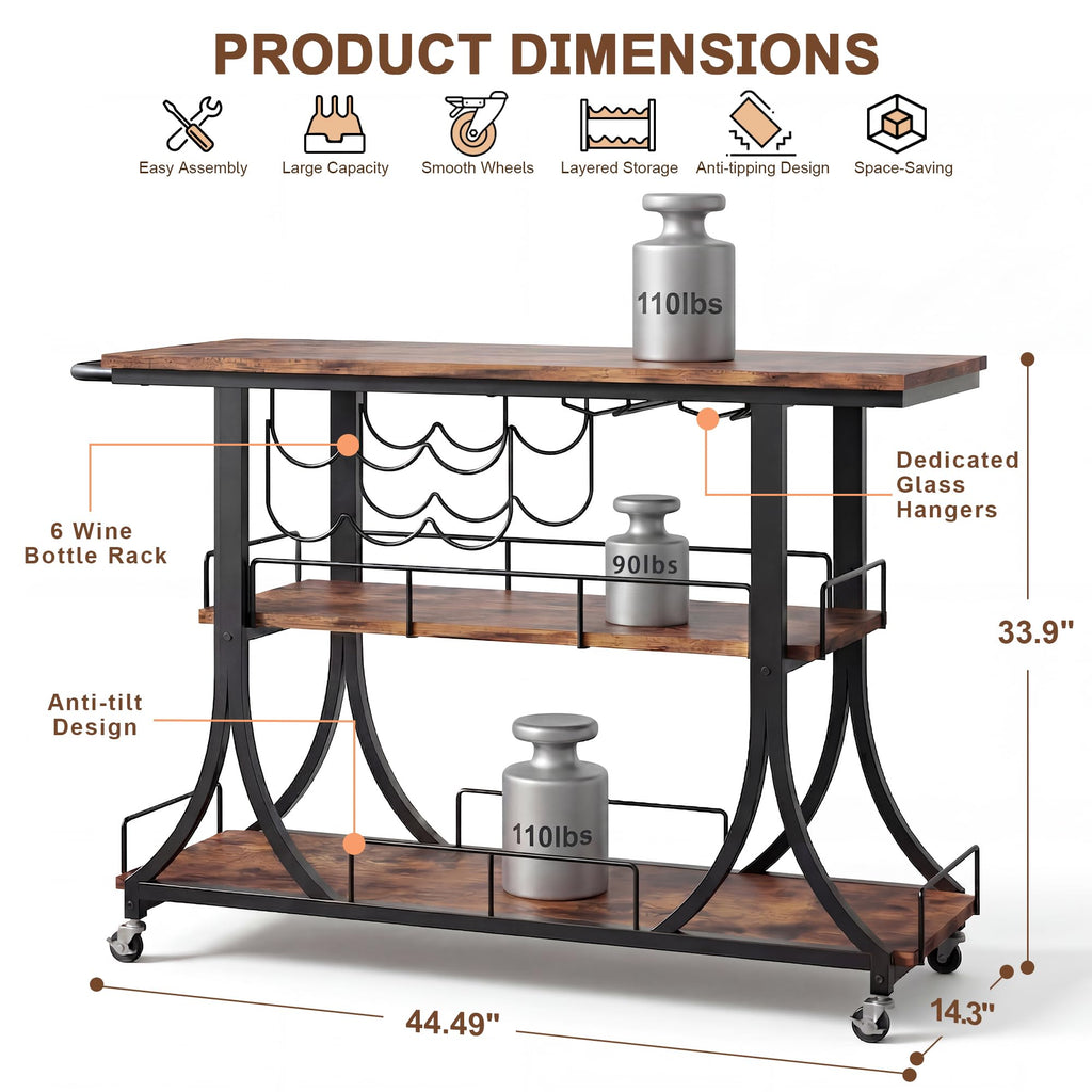 3-Tier Rustic Wooden Bar Cart with Wheels