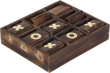 Mango Wood Tic Tac Toe Game Set with Gold Inlay, 11" x 13" x 3", Dark Brown