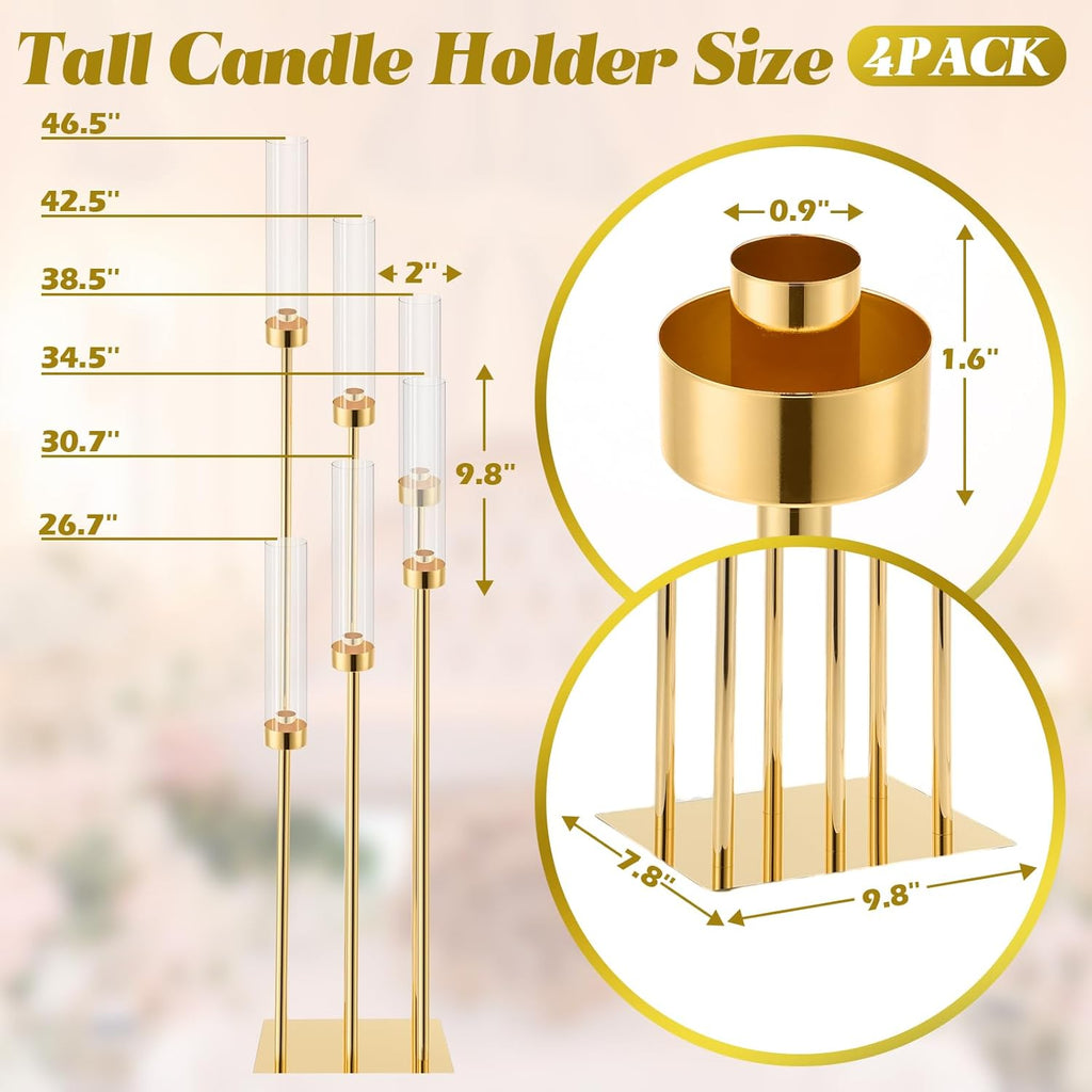 Tessco 4 Pcs 6 Arm Wedding Gold Candelabra Table Centerpiece 46.5" Floor Candle Holder Metal Tall Candlestick Acrylic