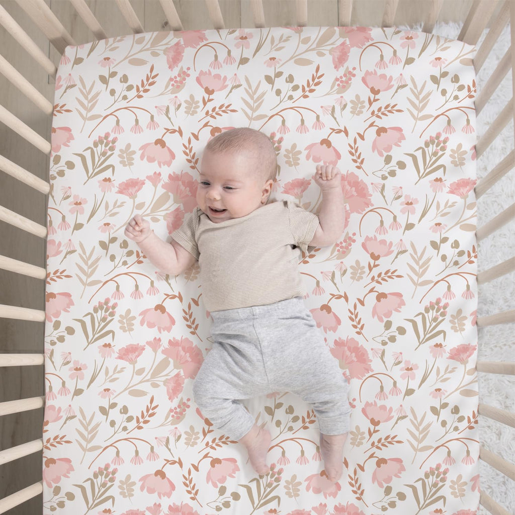Whimsical Floral 3 Piece Baby Crib Bedding Set for Girls, Pink Botanical Nursery Decor, Reversible Comforter, Crib