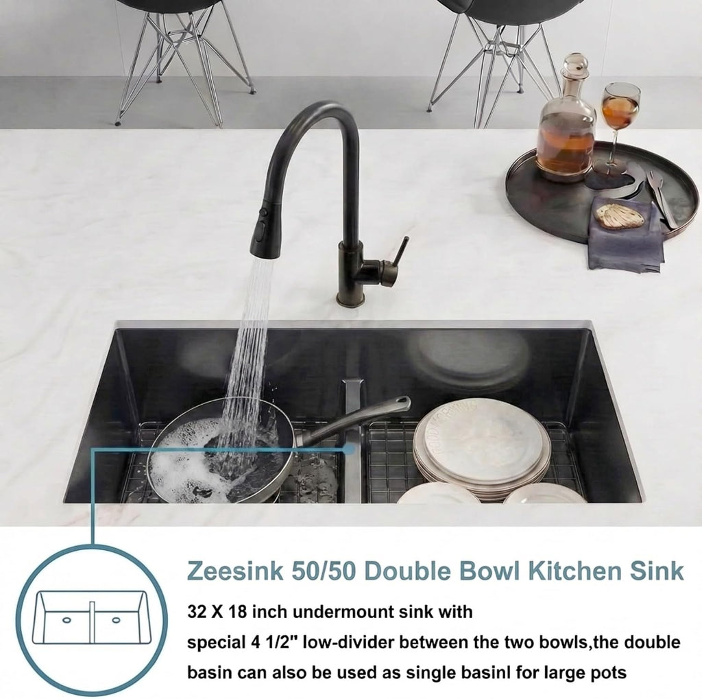 32 inch Double Bowl Kitchen Sink,Black Undermount Kitchen Sink 32 X 18 inch,16 Gauge Stainless Steel Undermount