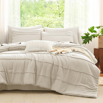 Comforter Set Beige, 7 Pieces Soft Pinch Pleat Bed in a Bag Comforter Set with Sheets