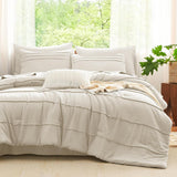 Queen Comforter Set Beige, 7 Pieces Soft Pinch Pleat Bed in a Bag Queen Comforter Set with Sheets