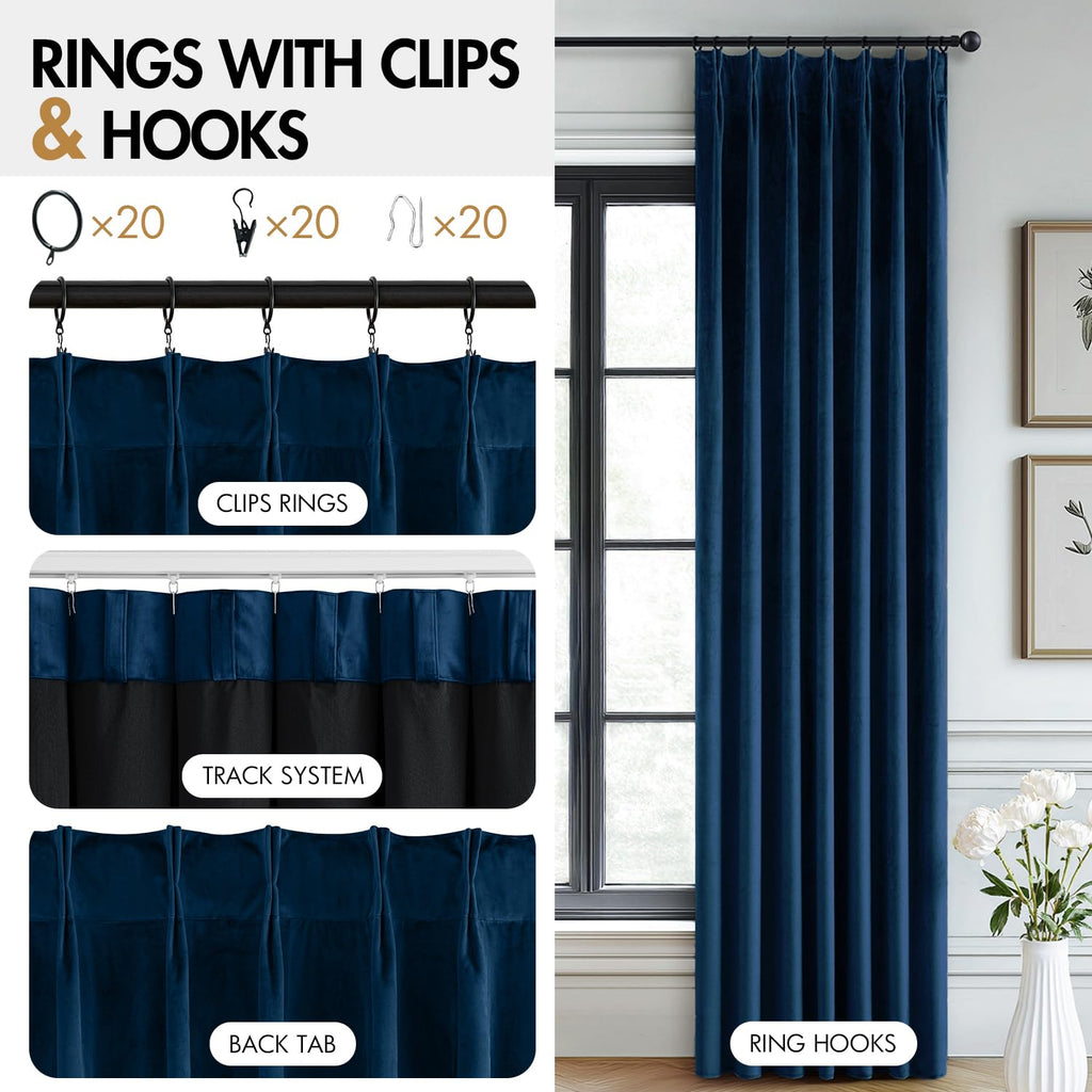 Velvet Pinch Pleated Blackout Navy Blue Curtains 40x96 Inches
