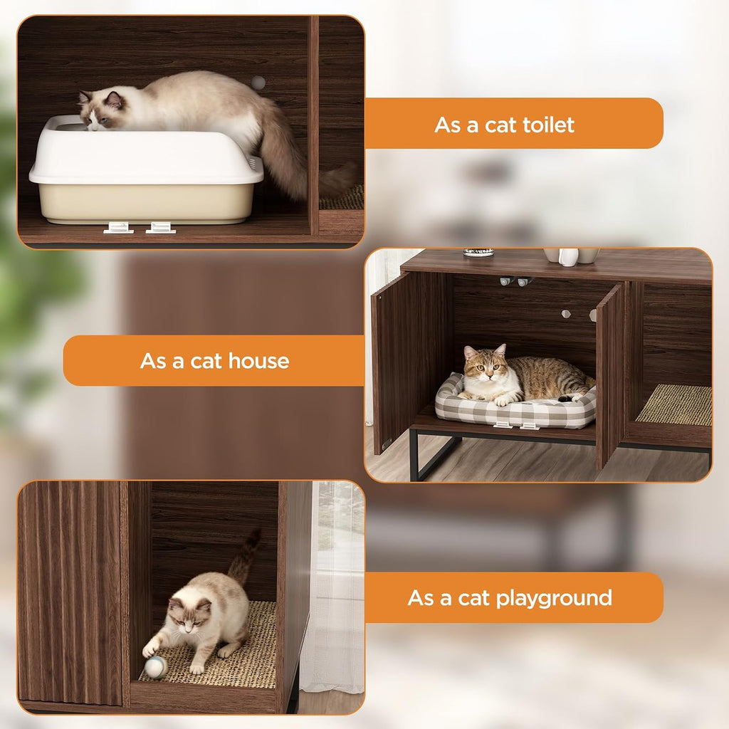 Cat Litter Box Enclosure, Fluted Hidden Litter Box Furniture with Scratch Pad and Metal Legs, Modern Enclosed Cat