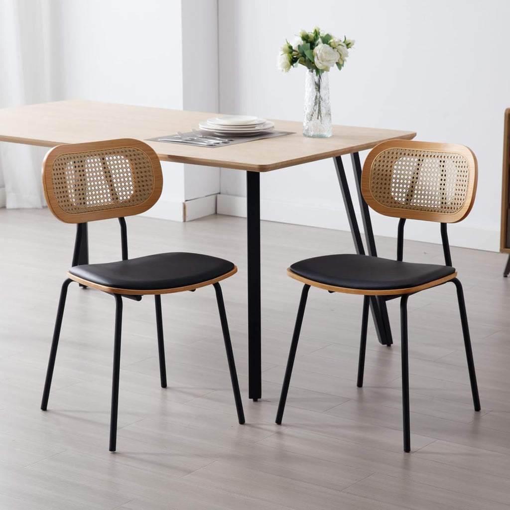 HEAH-YO Modern Dining Chairs Set of 2, Upholstered Faux Leather Rattan Dining Chairs with Backrests