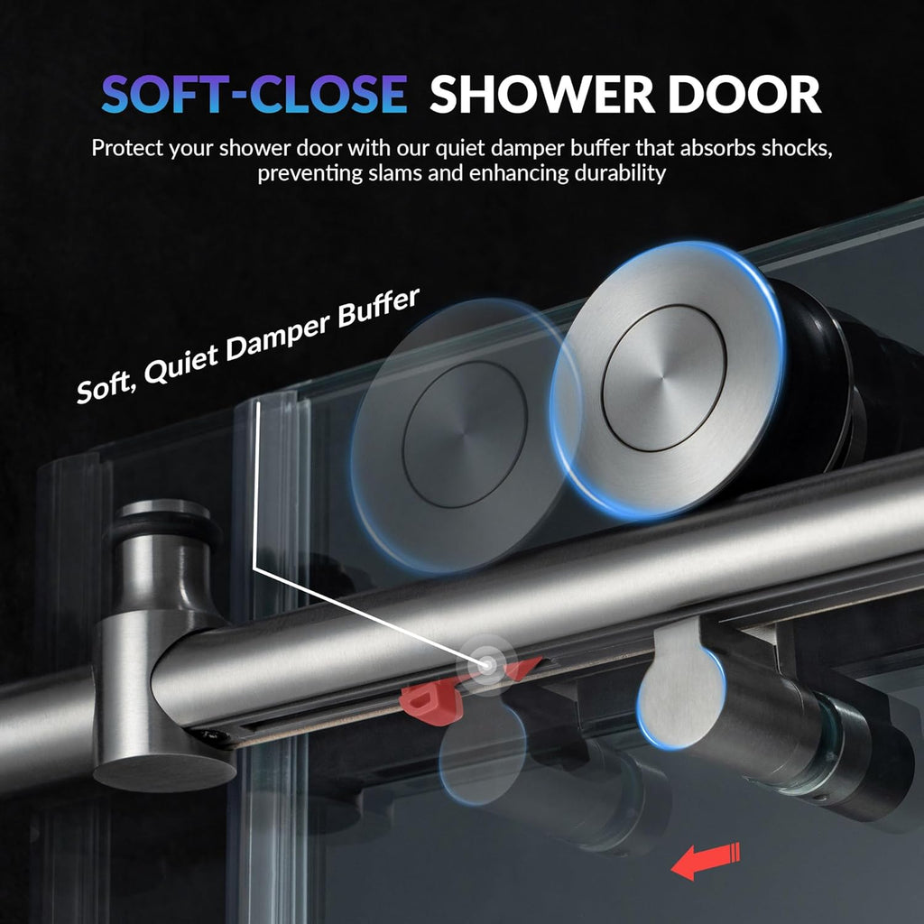 57.5-60" Wx76 H Soft Close Frameless Shower Door, 3/8"(10mm) Explosion-Proof Tempered Glass, Brushed Nickel Finish