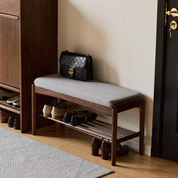 Black Walnut Shoe Bench Assembled, Solid Wood Shoe Rack Bench with Cushion, 11.8" x 31.5" x 16.5"