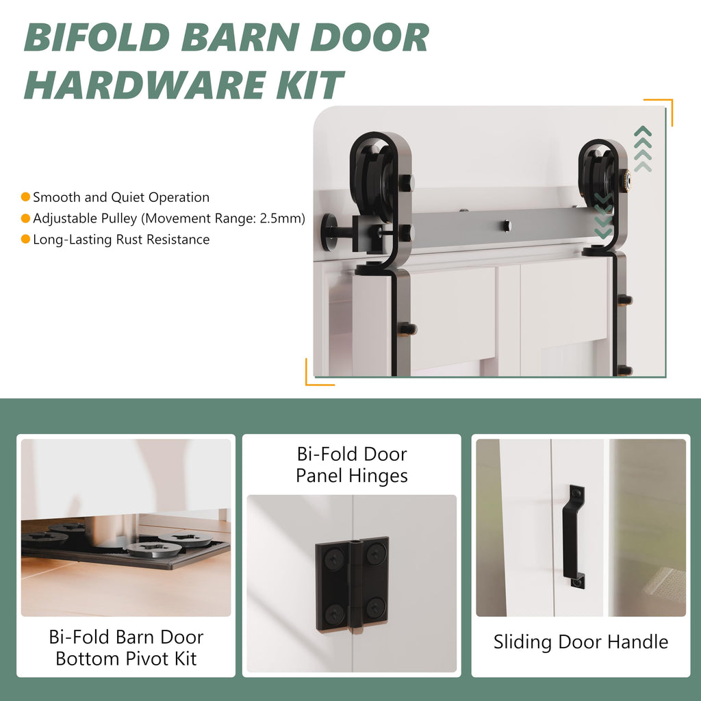 60" (30"x2) x 84" Bifold Barn Door, 3 Lites Tempered Frosted Glass Barn Door Panel with Hardware Kit Set, Solid Core