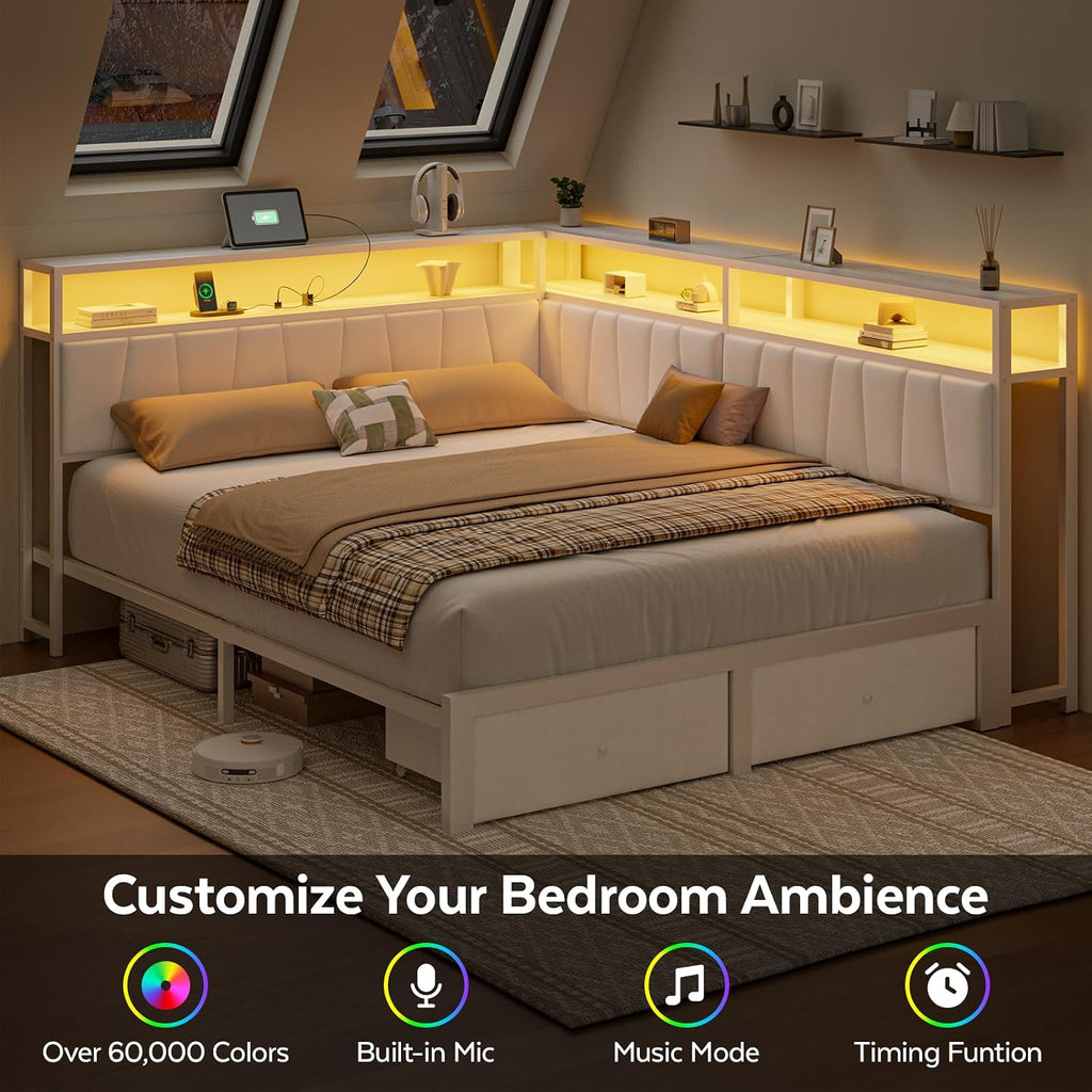 Queen Corner Bed Frame with Storage Drawers, Modern Daybed with LED Lights and Charging Station, Metal Platform Bed