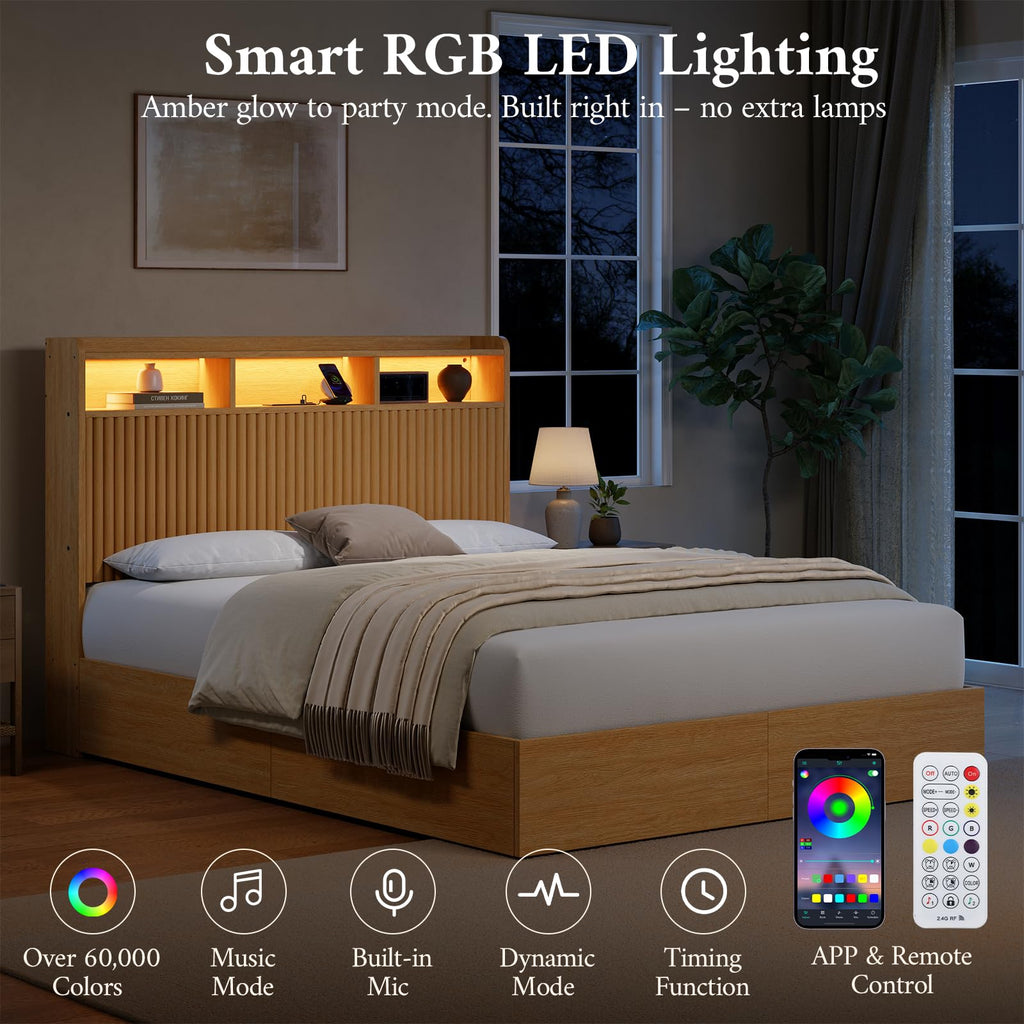 Queen Bed Frame with Headboard and Storage Drawers, Queen Size Platform Bed Frame with LED Lights and Charging