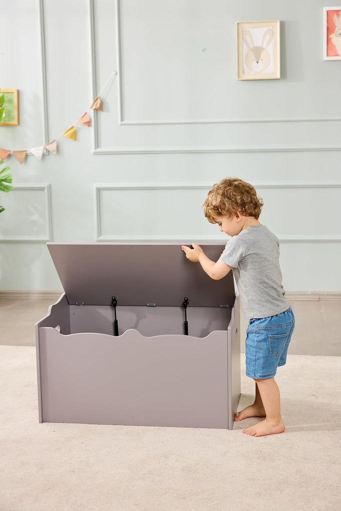 Kids Wooden Toy Storage Chest with Safety Lid, Spacious Organizer , Gray, 30" x 18" x 19"