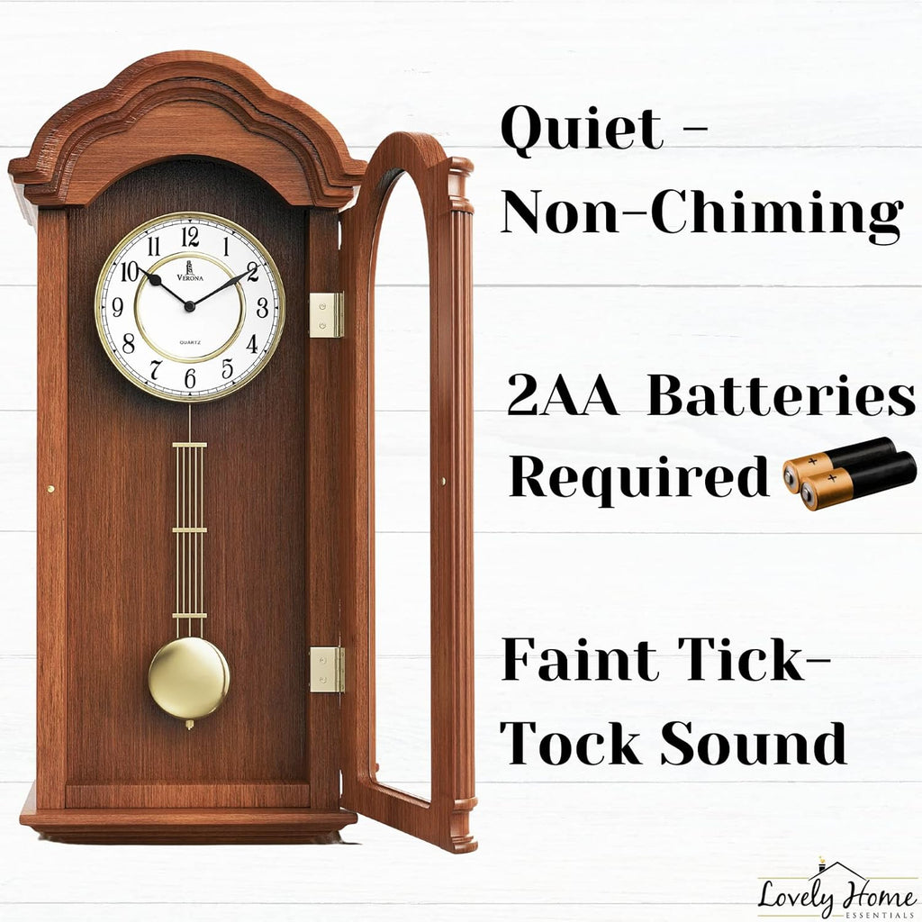 Grandfather Wall Clock with Pendulum — Large Hanging Wooden Battery Operated Non-Chiming Clock 26 x 12 inch - Quiet, Solid Wood Clock...