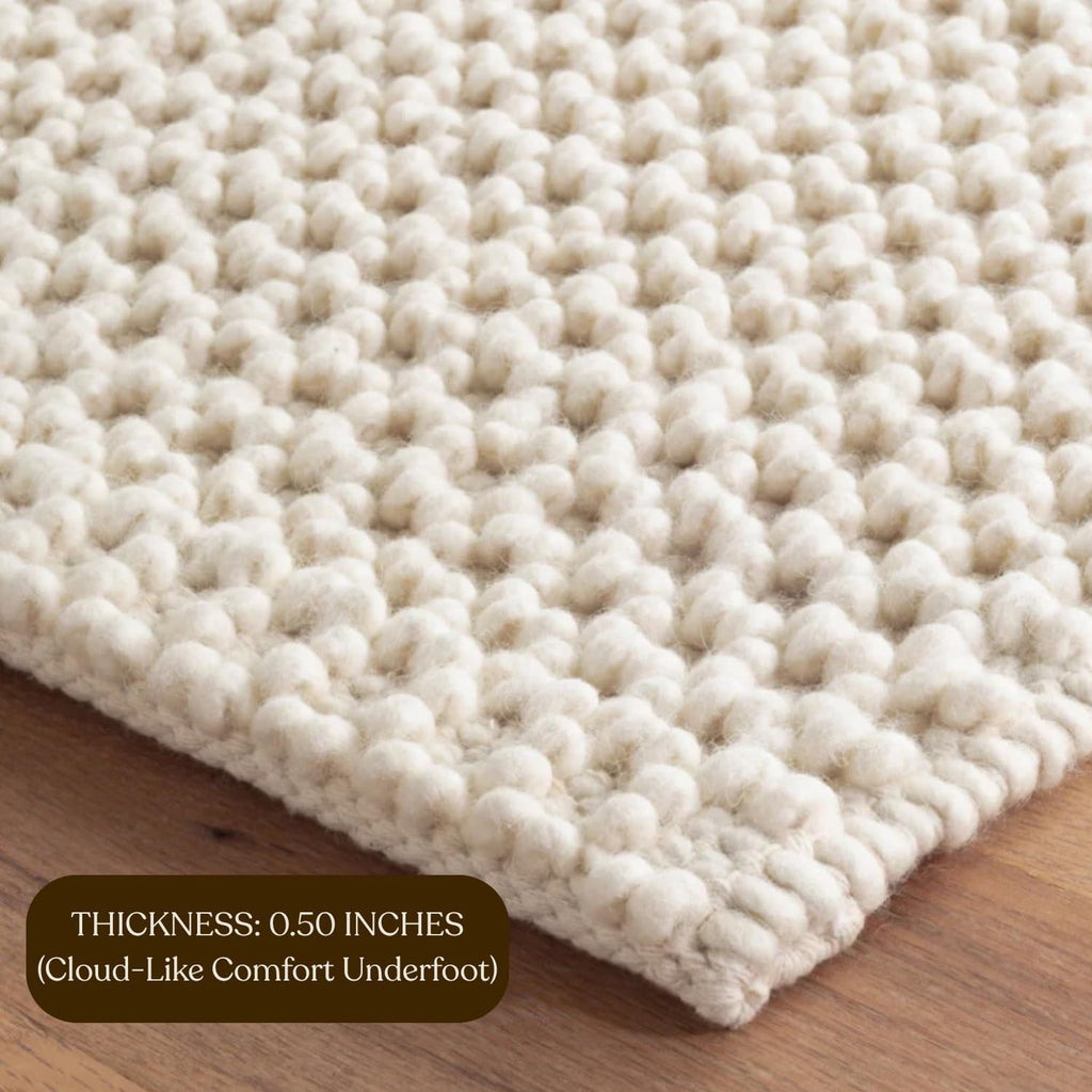 Handwoven Wool Area Rug - Hand Woven Natural Rugs- (Ivory- 10'x14')
