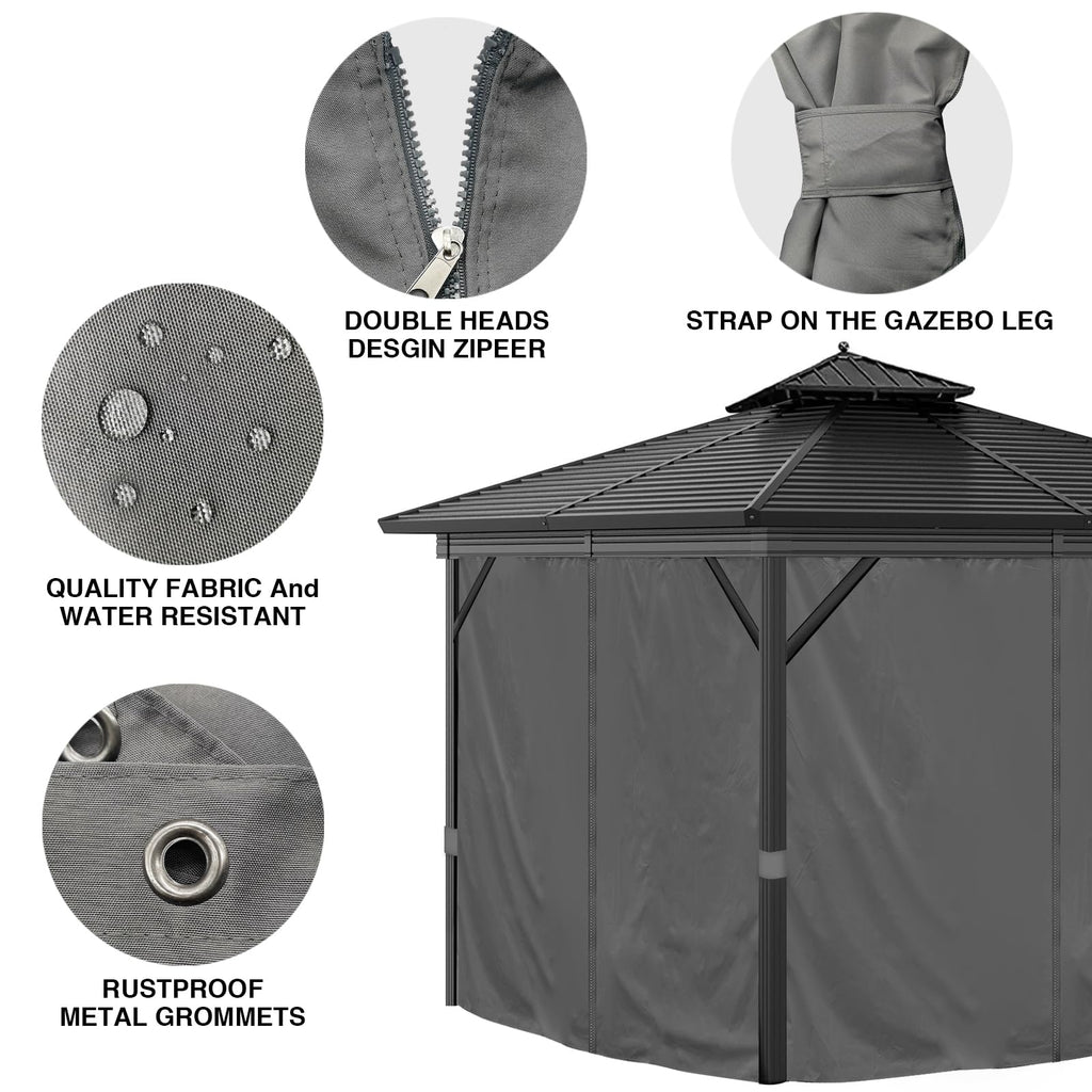 10'x12' Privacy Gazebo Curtains Outdoor Waterproof, 4-Panels Sidewall Curtain Universal Replacement with Zipper