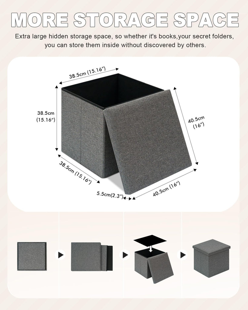 Storage Ottoman with Tray, 16" Linen Small Ottomans Cube, Grey