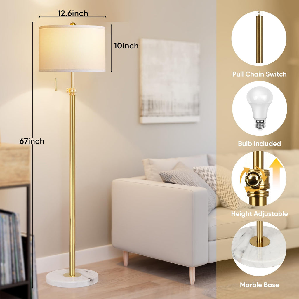 Floor Lamp, 66'' Adjustable Height Standing Lamp with Marble Base, 3-Color Tall Lamps with Pull Chain, Suitable