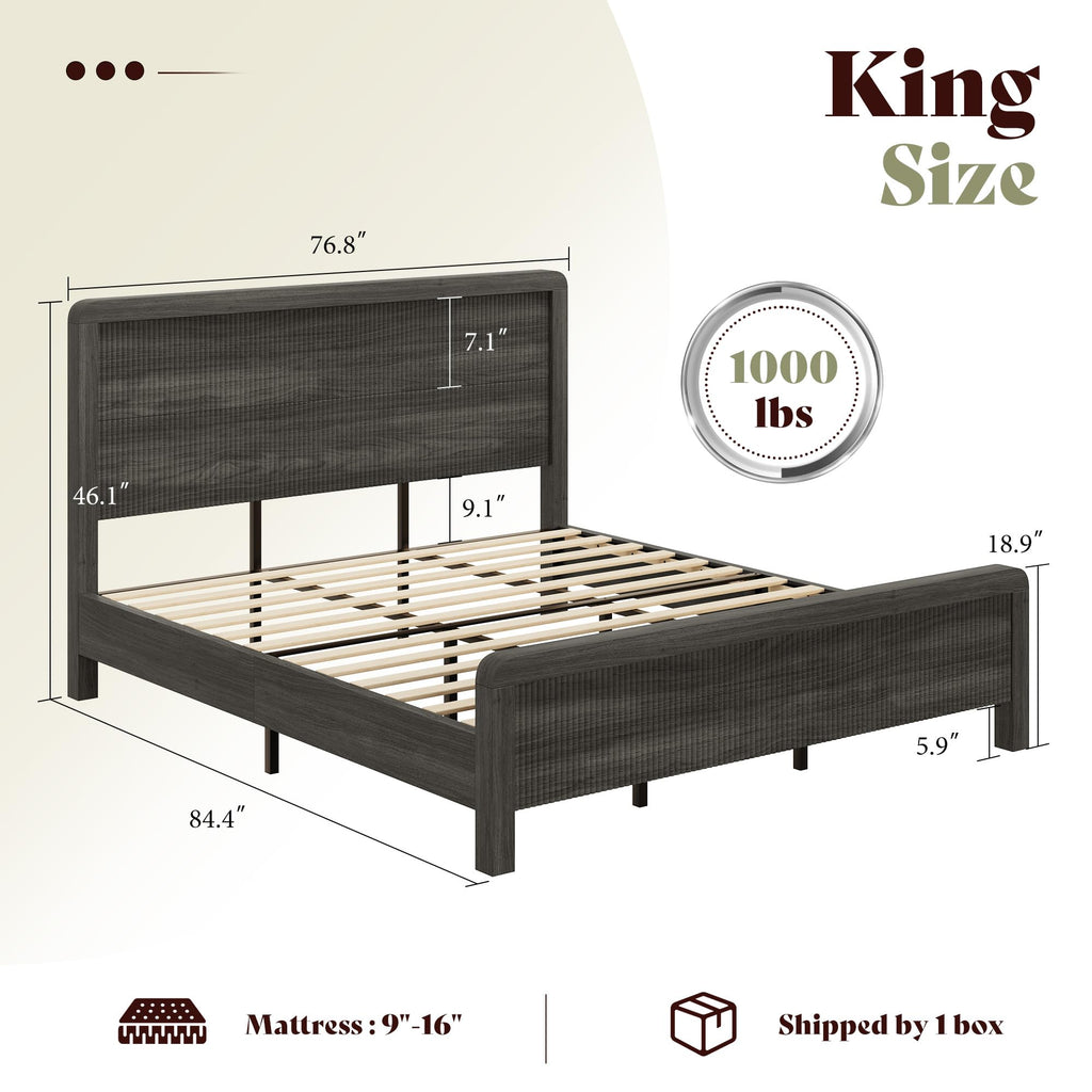 Wood King Size Bed Frame with Fluted Headboard & Footboard, Black
