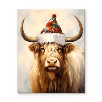 Christmas Wall Art Vintage Christmas Prints Festive Highland Cow with Santa Hat Canvas Pictures Print Cozy Holiday