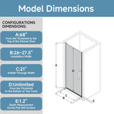 26-27.5" W x 68" H Frameless Pivot Shower Door, 1/4" (6mm) Clear SGCC Tempered Glass Bathroom Shower Door