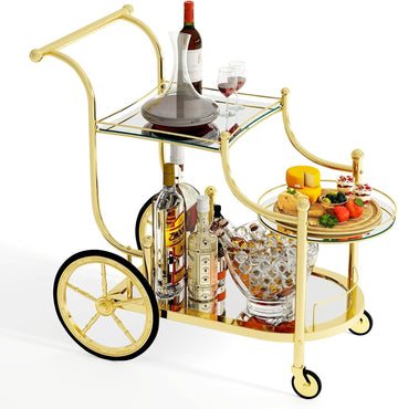 Rolling Serving Cart, 3-Tier Metal Bar Cart with Tempered Glass, 4 Wheels Tea Serving Bar Cart , Gold