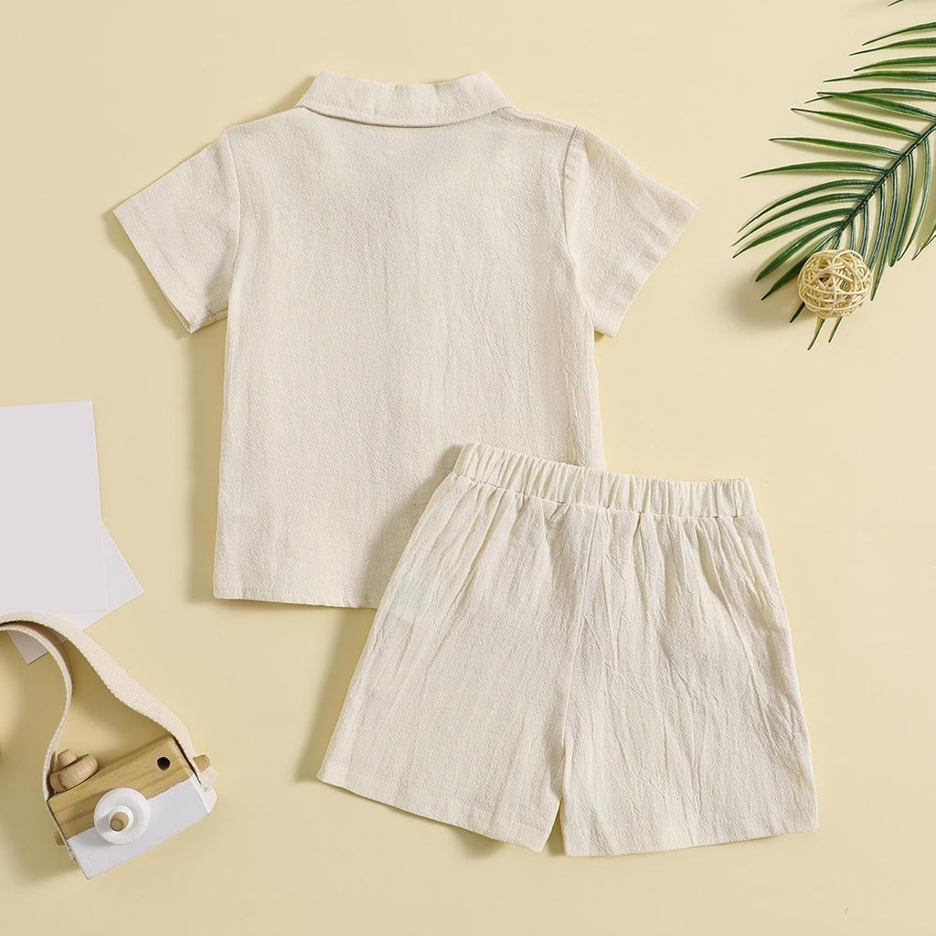 Toddler Baby Cotton Linen Shirt Sets Boys Girls Soft Gauze 2 Piece Outfits Short Sleeve Button Down Shirts Pull On