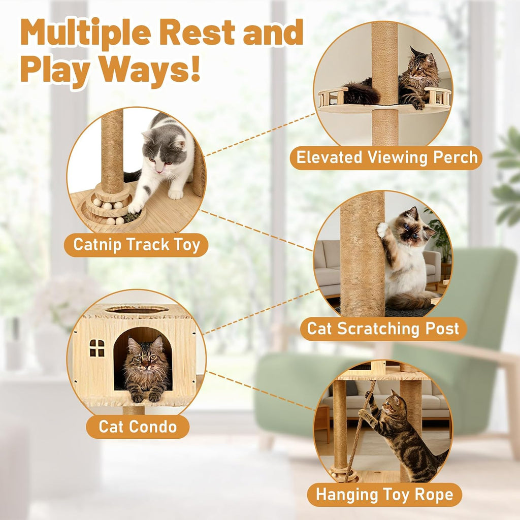 Floor to Ceiling Cat Tree, Tall Wood Pet Tower with Scratching Post