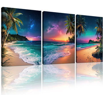 3-Piece Tropical Beach Wall Art, Northern Lights Ocean Sunset Canvas Prints, Palm Tree Coastal Seascape Decor Bedroom