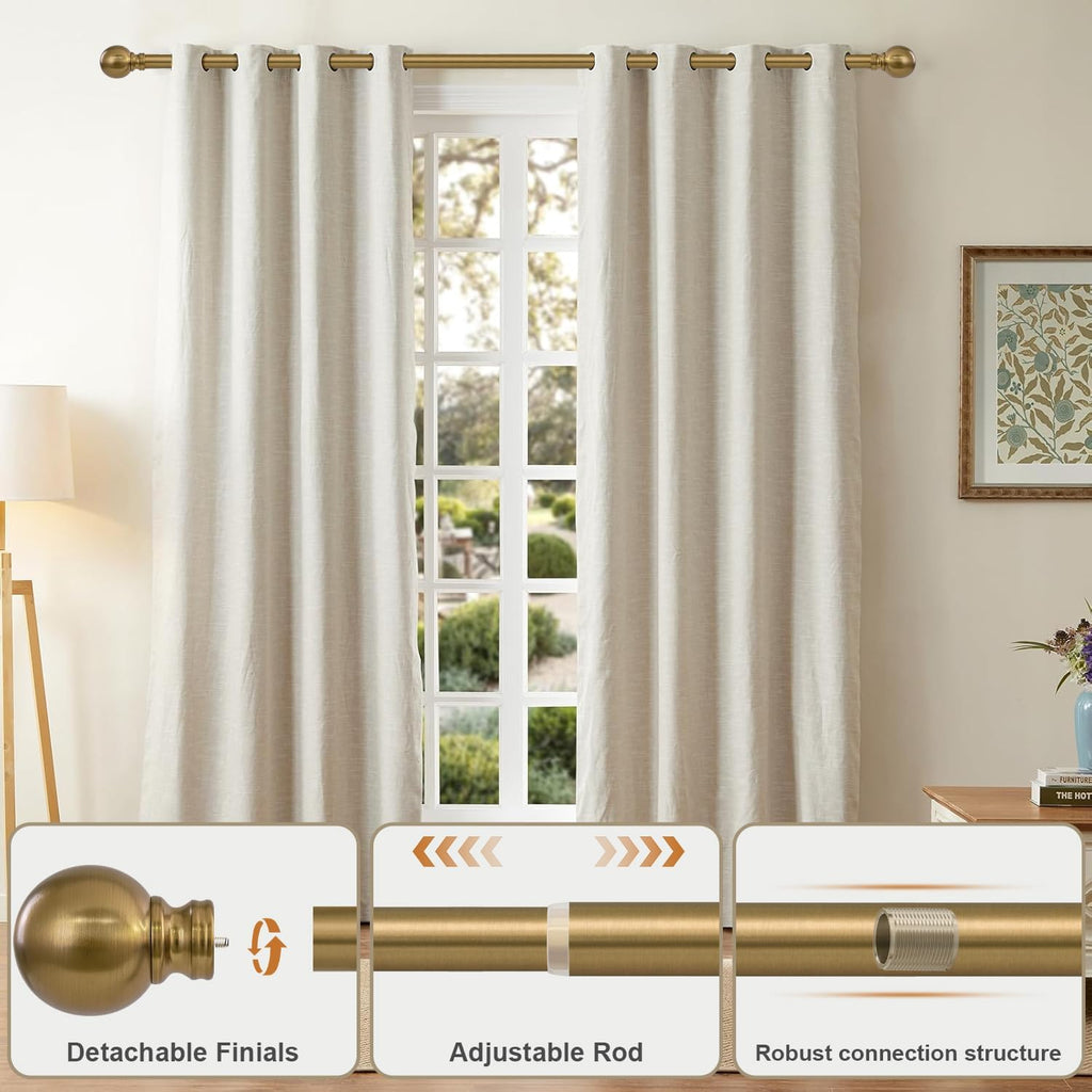 Warm Gold Curtain Rods for Windows Small 1" Diameter Short Adjustable Heavy Duty Antique Brass Metal
