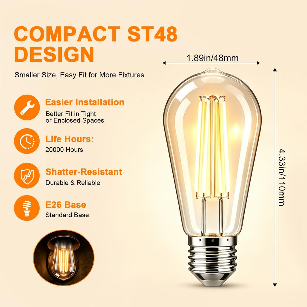 6 Pack Edison LED Light Bulbs,Shatterproof,E26 Base,6W 2700K Warm White