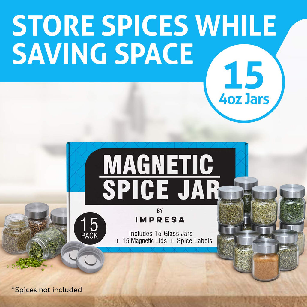 Clear Glass Magnetic Spice Jars - 15-Pack, 4 Oz, 60 Labels - Magnet Spice Jars for Refrigerator with Magnet Lids