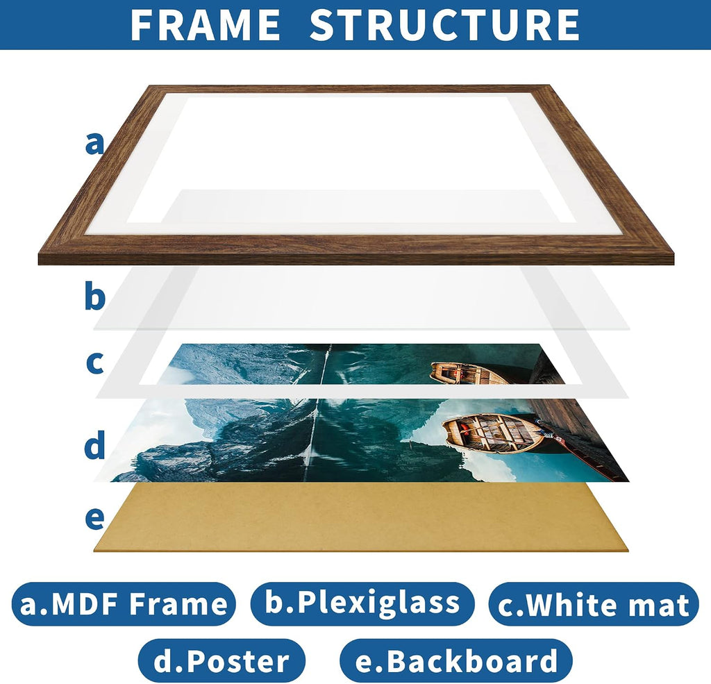 24x36 Poster Frame Set of 2, Rustic Brown Wood Style - Display 20x30 Picture with Mat or 24 x 36 Poster without Mat