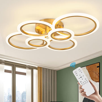 Gold Modern Flush Mount Ceiling Light, 6 Rings Dimmable LED Modern Ceiling Light Fixture with Remote, Close to Ceiling