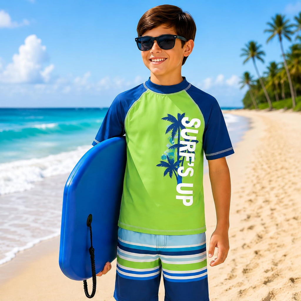 Boys Piece Rash Guard Swim Set Short Sleeve Shirt & Trunks