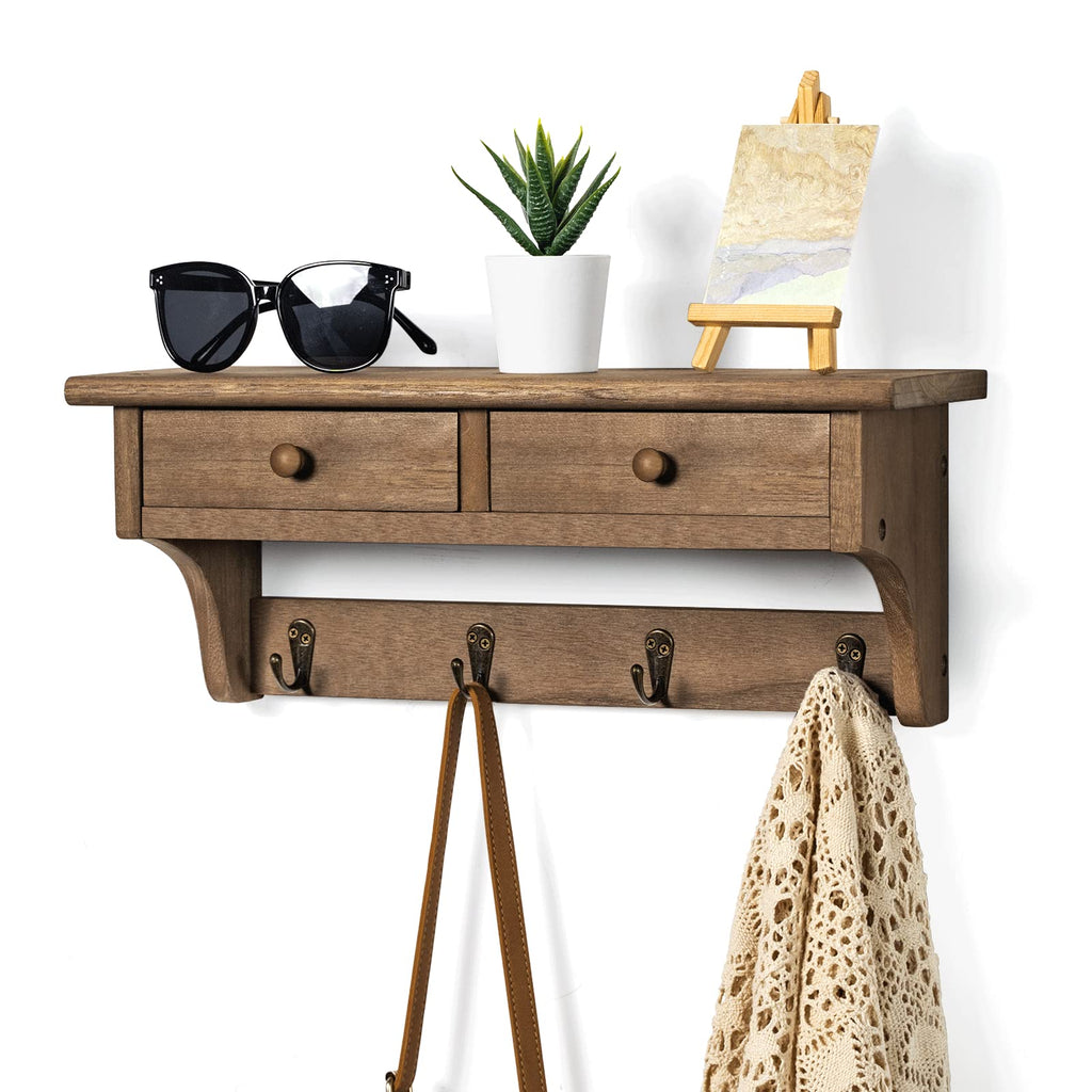 Coat Hooks Mounted, Rustic Wood Coat Rack Mount Shelf with Hooks, Farmhouse Coat Rack with Shelf & Coat Hook