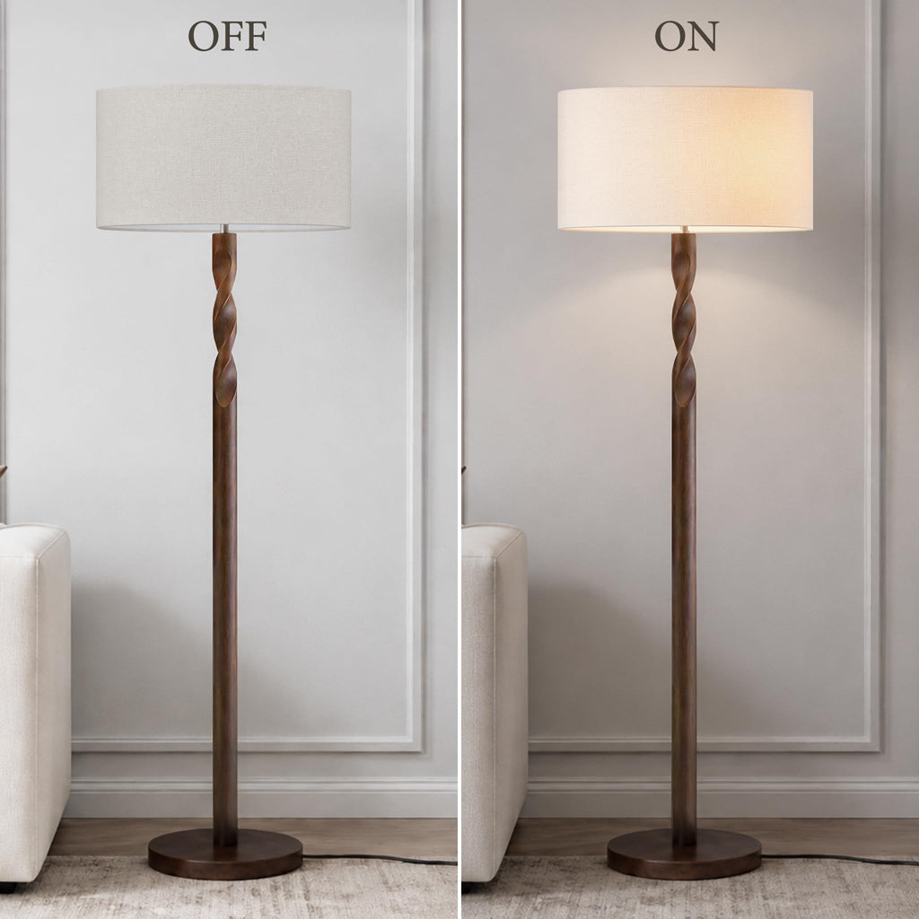 64 Inch Twisted Walnut Wood Floor Lamp with Linen Shade, Cream