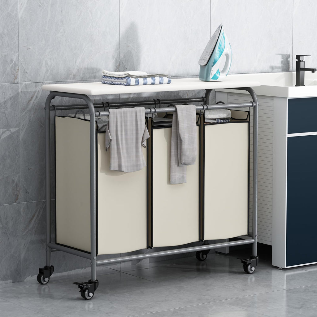 3 Bags Laundry Basket Sorter, Beige 135L Laundry Hamper, Ironing Board