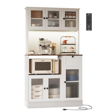 71" Kitchen Hutch Cabinet, White and Walnut Tabletop