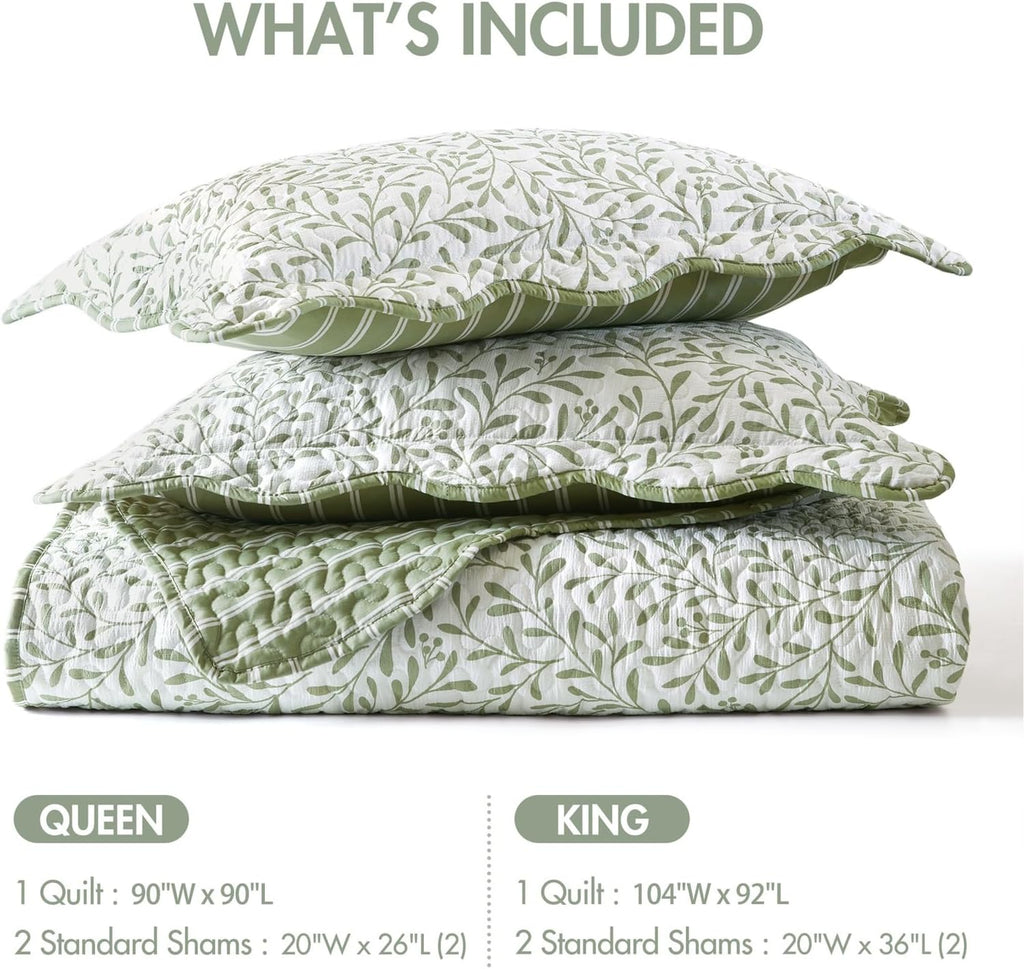 3-Piece Reversible Quilt Set, Botanical Print & Scalloped Edge, Lightweight Summer Bedding, Queen, Market Green