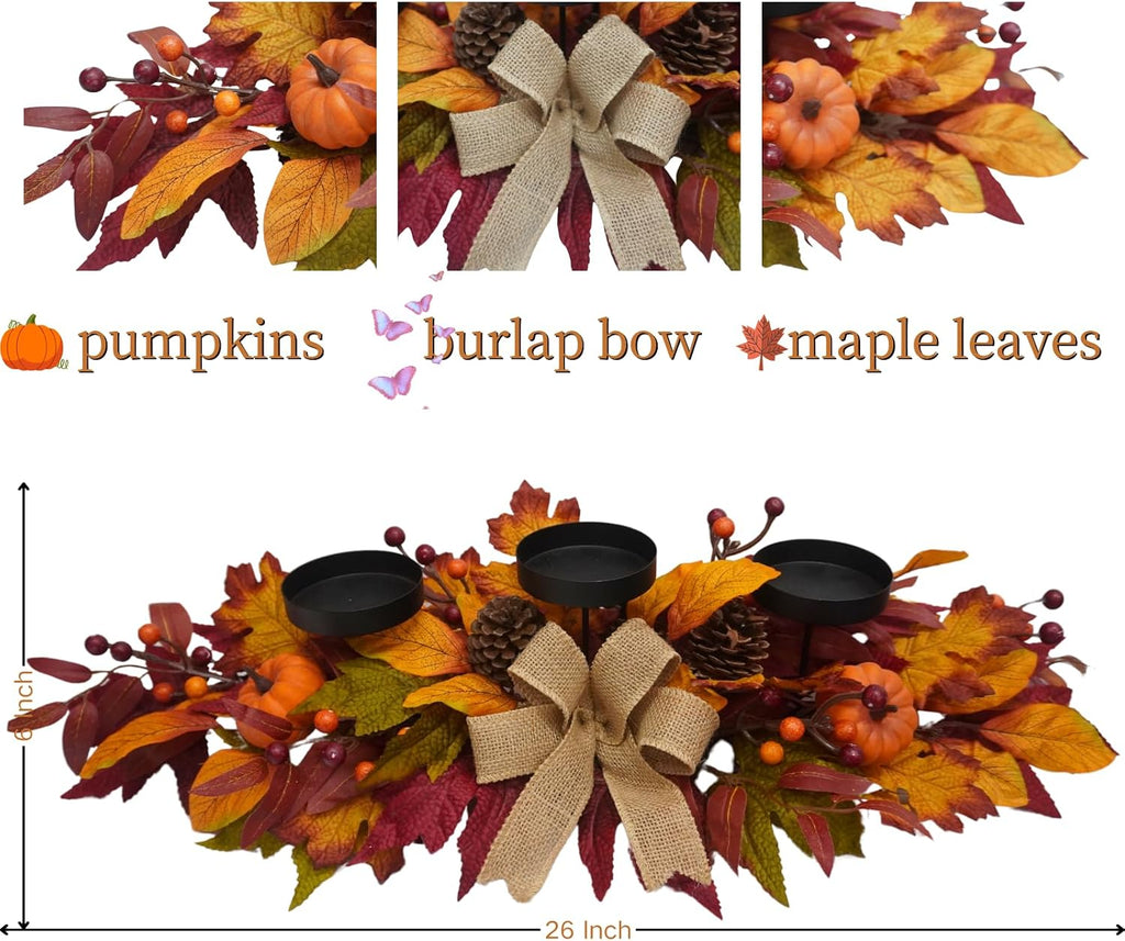 26 Inch Fall Candle Holder Centerpiece with Pumpkins and Burlap Bow | 3 Black Candle Cups with Maple Leaves, Mini