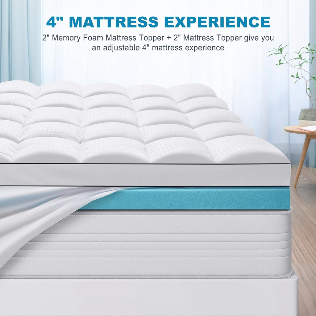 Full Size Dual Layer 4 Inch Memory Foam Mattress Topper, 2 Inch Gel Memory Foam and 2 Inch Cooling Pillow Top