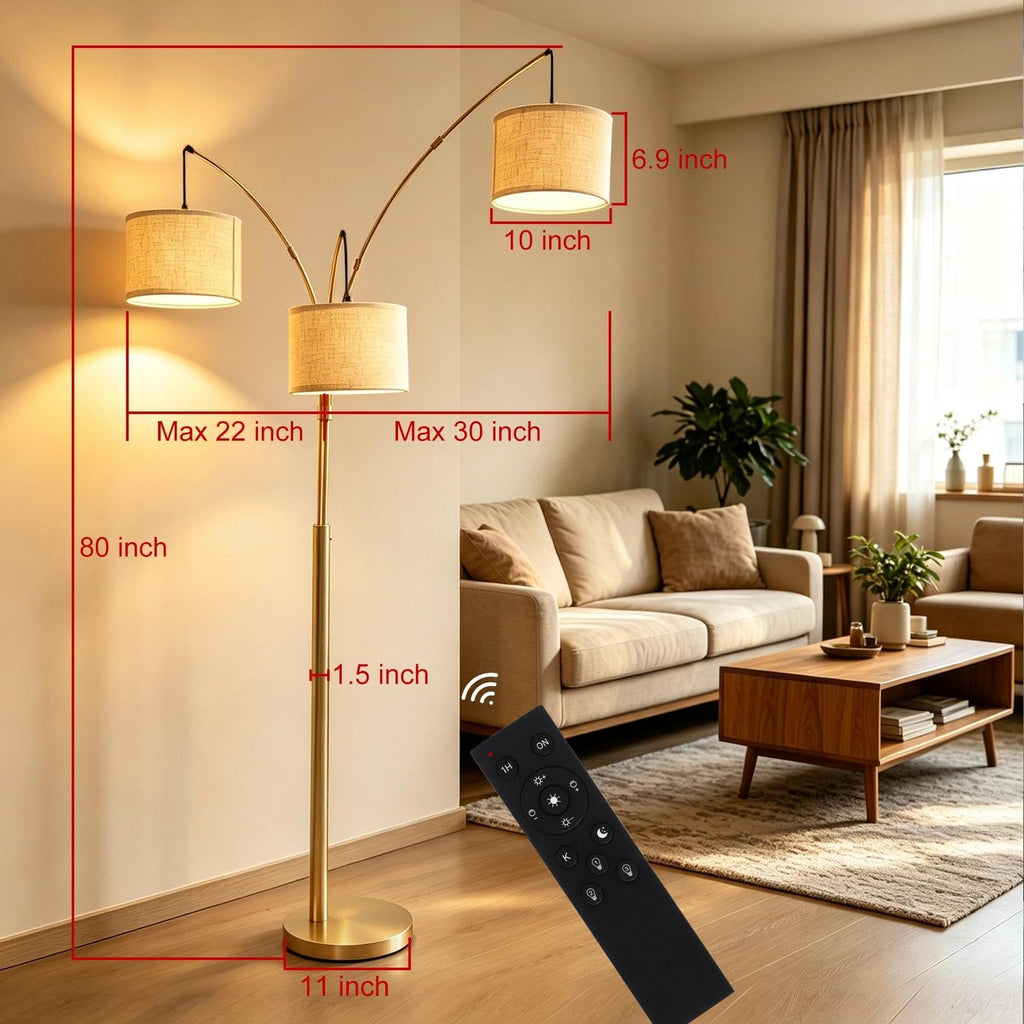 3-Light Dimmable Arc Floor Lamp, LED Tall Standing Lamp with Remote