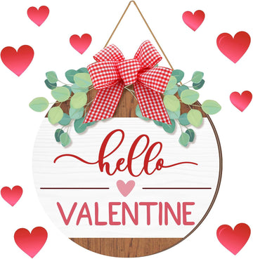 Hello Valentine's Day Sign for Front Door 12 Inches Wood Red Pink Round with Bow Valentine's Day Door Wreath Hanger