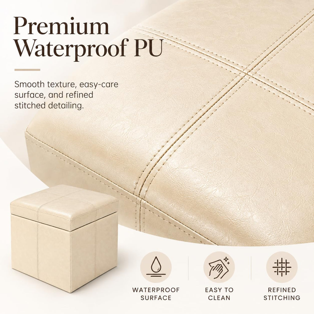 Modern Faux Leather Cube Storage Ottoman Bench, Warm Beige, Sturdy Footrest with Hidden Storage - 17.3" Cube