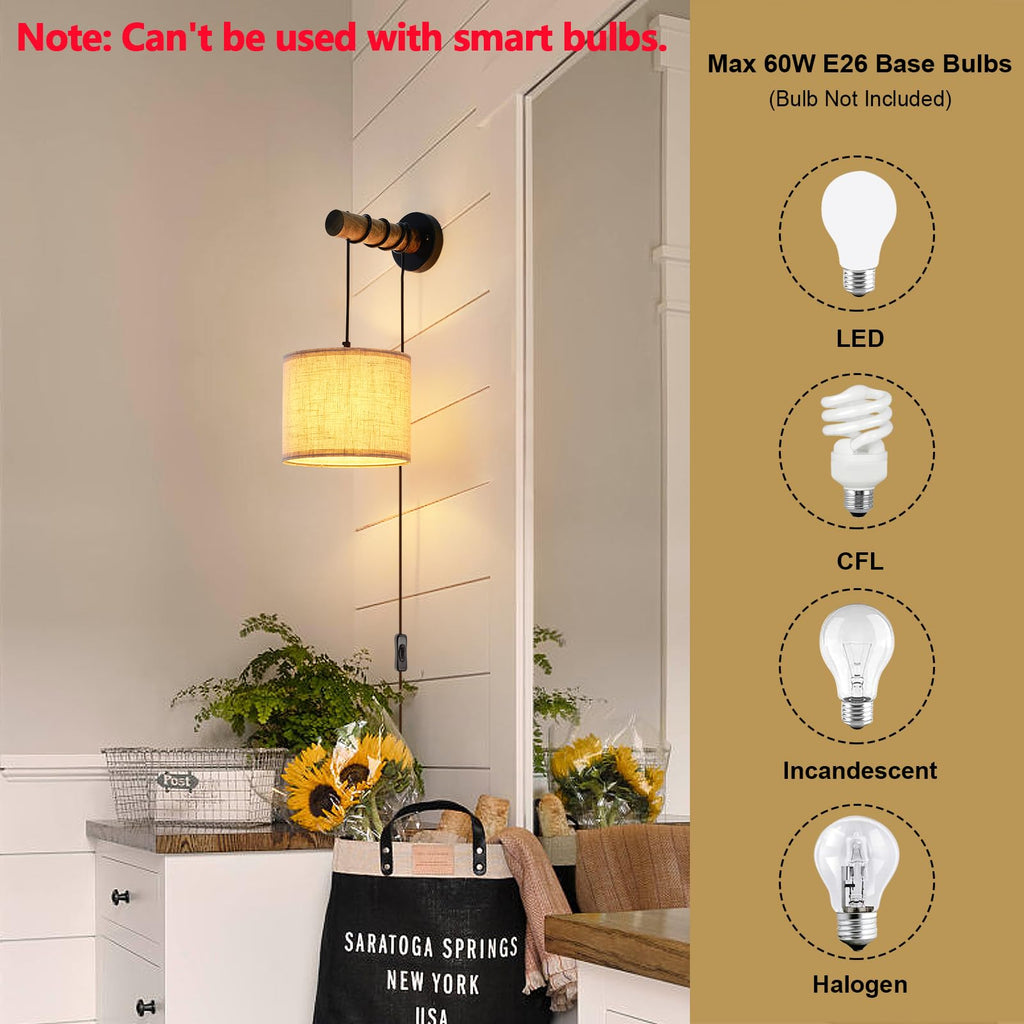 Wall Sconces Set of Two, Plug in Sconces Wall Lighting with Fabric Shade, Farmhouse Wall Lamps with Plug in Cord