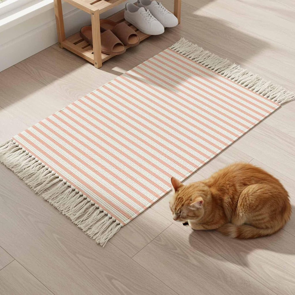 Minimalist Peach Pink Striped Runner Rug with Tassel Modern Art Vertical Line Print Entryway Rugs Washable