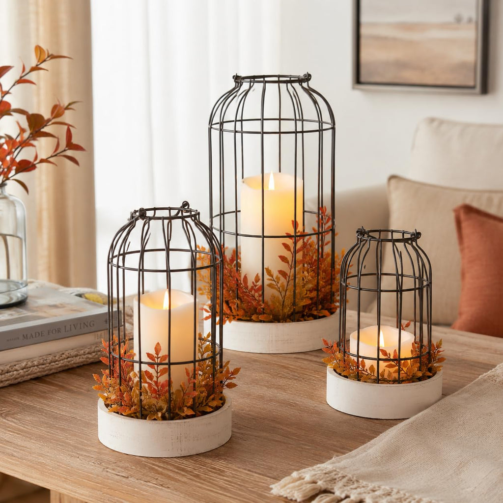 Rustic Farmhouse Lantern Decor Set of 3 Lanterns Decorative Indoor and Outdoor, Fireplace Mantle or Kitchen Dining