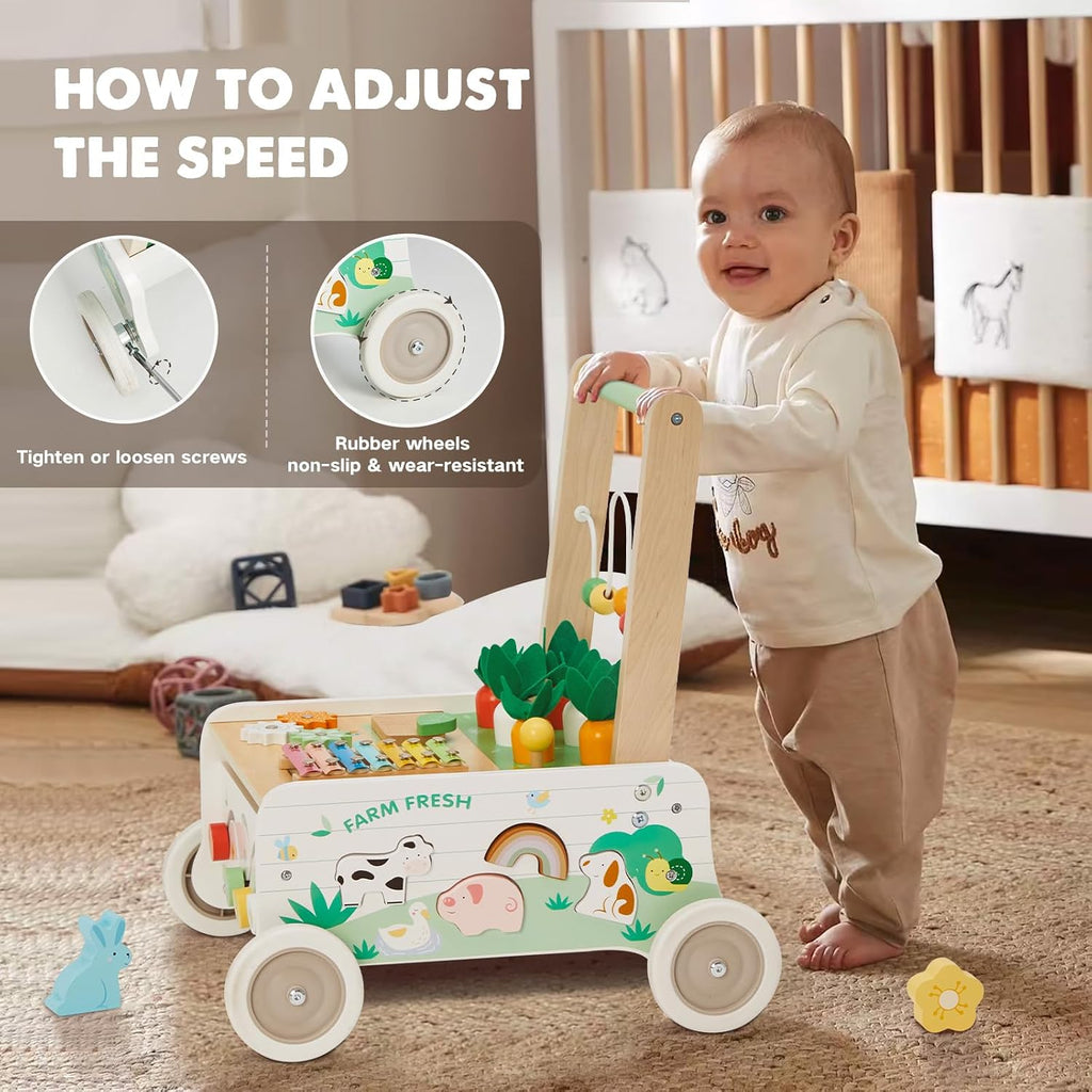 Wooden Baby Walker, Baby Push Walker with Wheels, Adjustable Speed